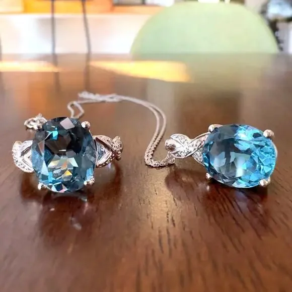 John C Rinker Blue Topaz 18K White Gold Pendant Necklace and Ring w Diamonds